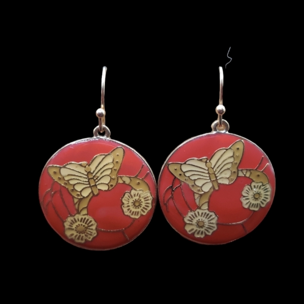 Vintage Cloisonne butterfly and flower earrings